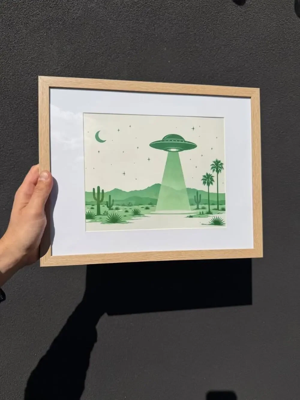 Framed Green UFO Desert Night Scene Art Print — Natural Wood Frame